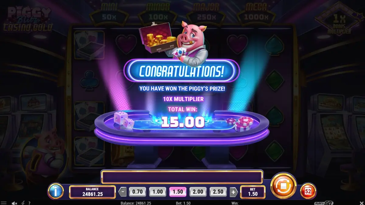 Piggy Blitz Casino Gold slot interface na may neon lights at luxury casino theme