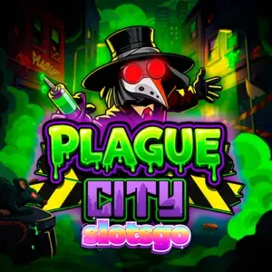 Isang madilim at neon-lit na cityscape sa background ng Plague City slot grid.
